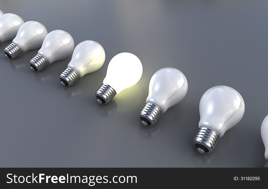 3d render of white light bulbs lined up on a reflective background, with a yellow one in the middle