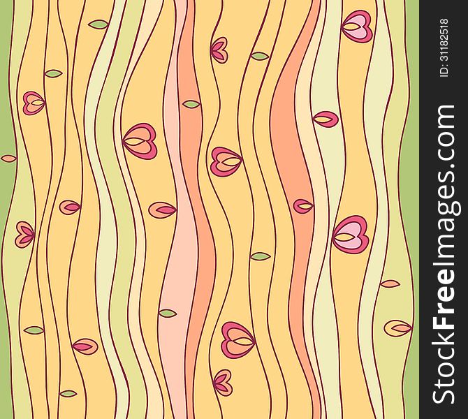 Wavy line seamless pattern with leaves and hearts in yellow and orange colors.