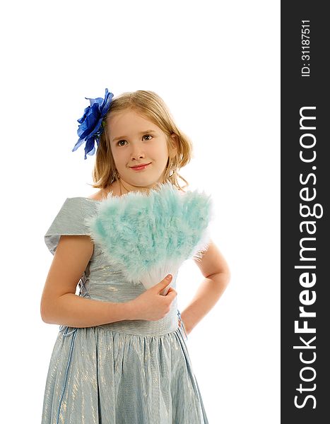 Young Girl in Princess Dress with Fan and Blue Bow in her Hair