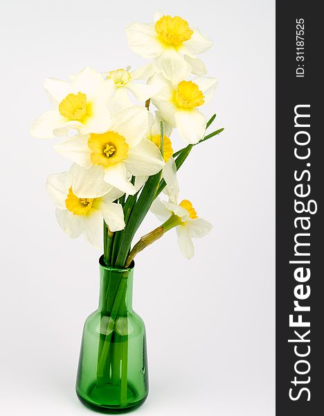 Bunch of Perfect Spring Yellow White Daffodils in Green Vase. Bunch of Perfect Spring Yellow White Daffodils in Green Vase