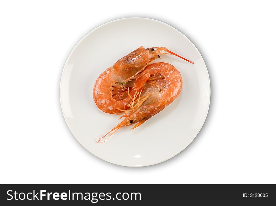 King Prawns on a white plate isolated on white