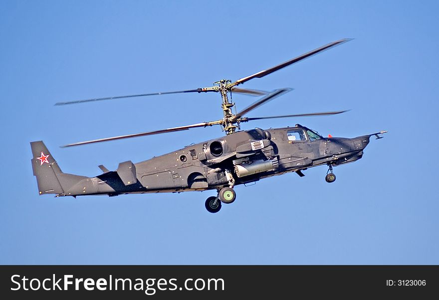 KA-50 combat helicopter. Black shark. Fly-past at 95th anniversary of Russian Air Force. 11 August 2007. KA-50 combat helicopter. Black shark. Fly-past at 95th anniversary of Russian Air Force. 11 August 2007