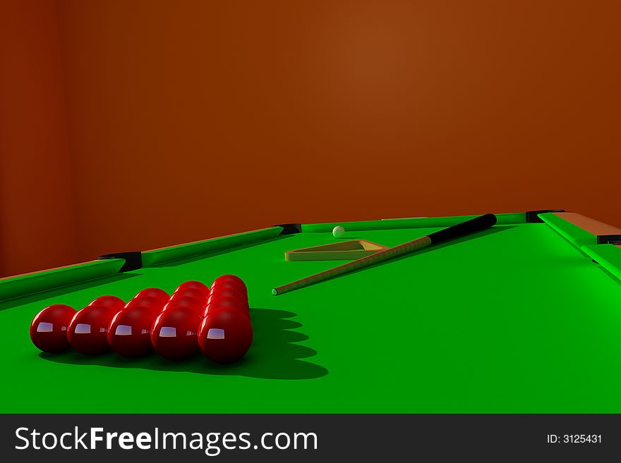 Pool with red balls and green table