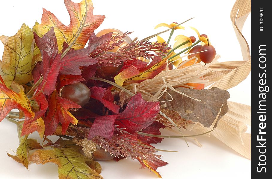 Colorful autumn leaves and fruit on a white background.