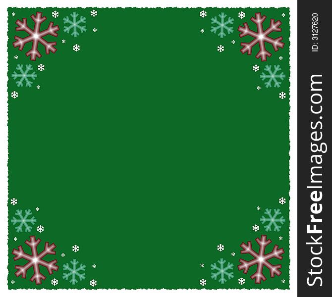 Graphic illustration of snowflakes border against green background with snow trim. Graphic illustration of snowflakes border against green background with snow trim.