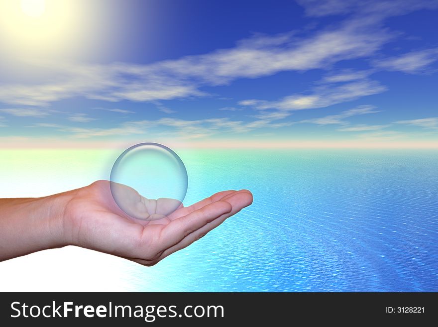 A hand holding a sphere above the sea under the sunny sky