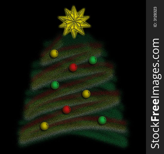 Abstract Christmas tree with ornaments and star against black background.