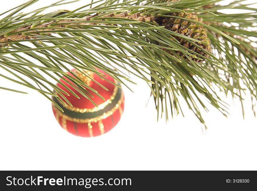 Christmas tree. decoration. evergreen branch with ball. Christmas tree. decoration. evergreen branch with ball