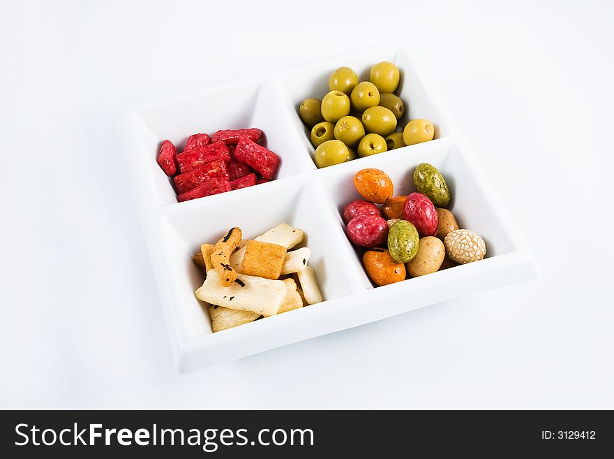 Tray with four type of appetizers. Tray with four type of appetizers