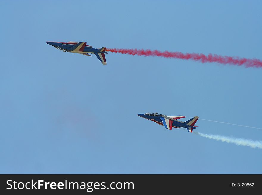 Fighters making show in the sky.
Patrouille de France. Fighters making show in the sky.
Patrouille de France