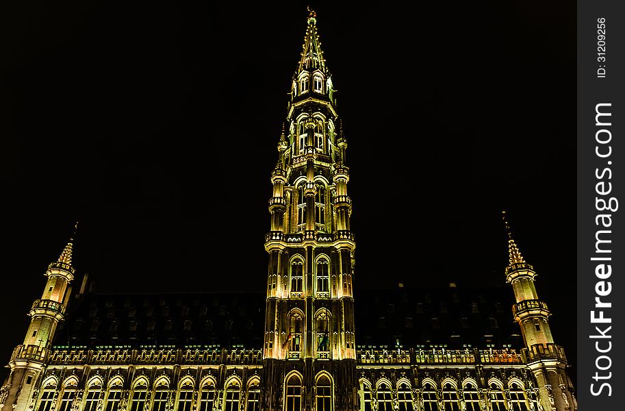 Night view of the ancient Town Hall (Hotel de Ville) in Grand Place, Brussels, Belgium. Night view of the ancient Town Hall (Hotel de Ville) in Grand Place, Brussels, Belgium.