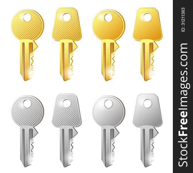 Set of different gold and silver key icons over white. Set of different gold and silver key icons over white