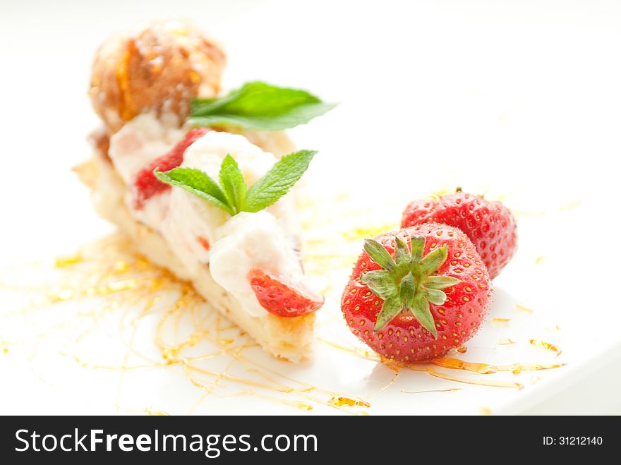 Classical Dessert Garnished with Strawberry and Mint. Classical Dessert Garnished with Strawberry and Mint