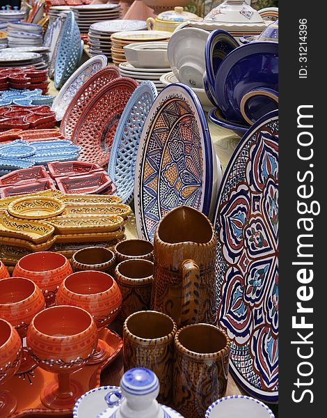 Collection of colorful pottery from Tunisia