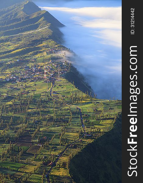 Village and Cliff at Bromo Volcano Mountain in Tengger Semeru National Park at sunrise, East Java, Indonesia