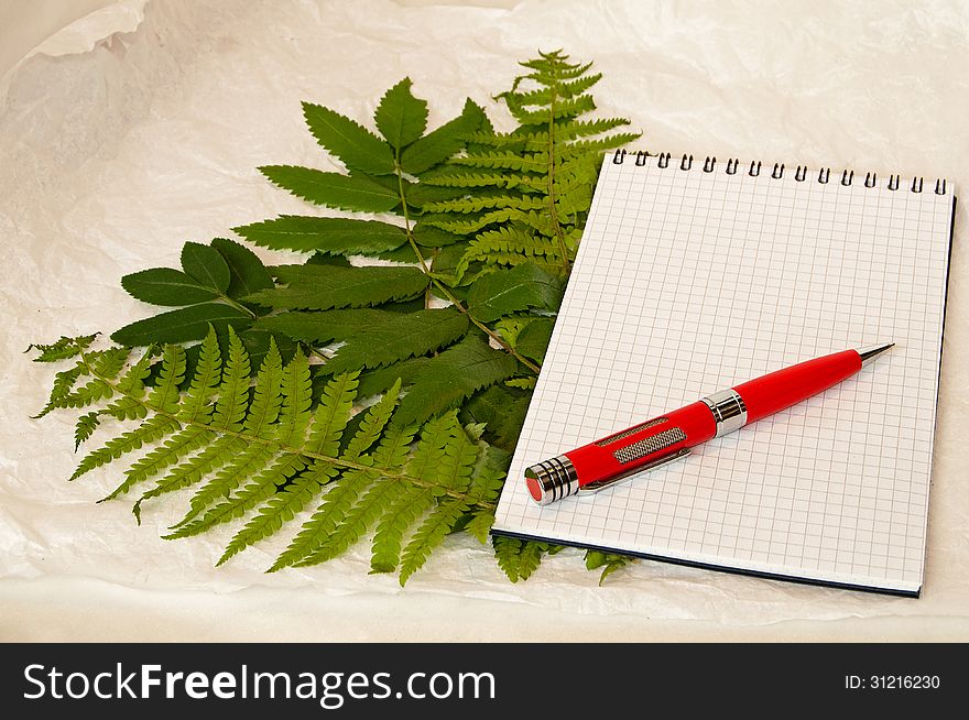 Squared notebook with red pen on it on the green leaves and crumpled paper background