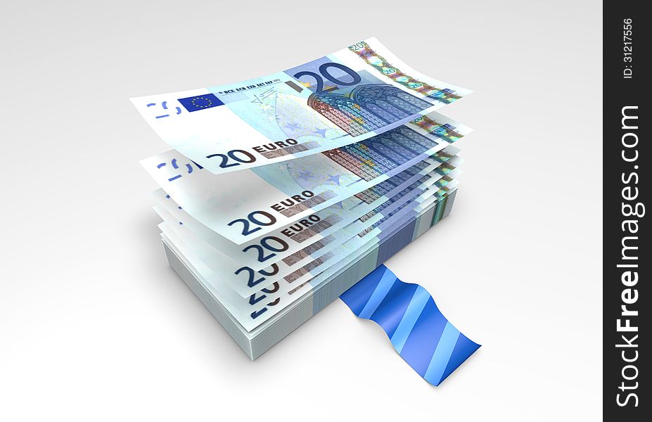 A wad of Euro banknotes on a white background