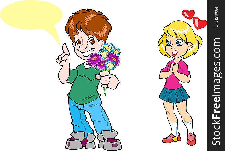 Enamored boy gives a girl flowers on holiday. Illustration made on a white background, in cartoon style, on separate layers.