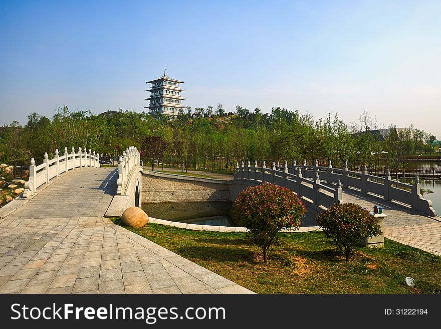 The image taken in china's xian city Xi'an Expo Park.The two bridges ancient tower.