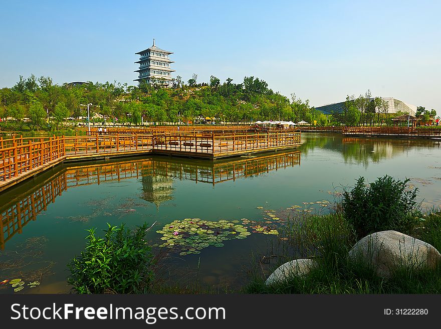 The image taken in china's xian city Xi'an Expo Park.The wooden plank road ancient tower.