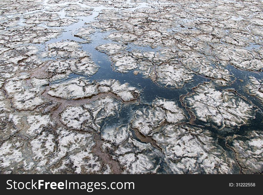 Polluted water and cracked mud create a interesting mosaic that resembles the image of the crust of the earth taken from a satellite. Polluted water and cracked mud create a interesting mosaic that resembles the image of the crust of the earth taken from a satellite