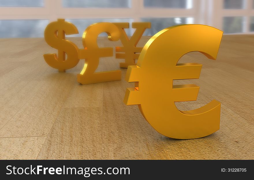 Golden 3D emblem currency of the world, on wooden surface. Golden 3D emblem currency of the world, on wooden surface