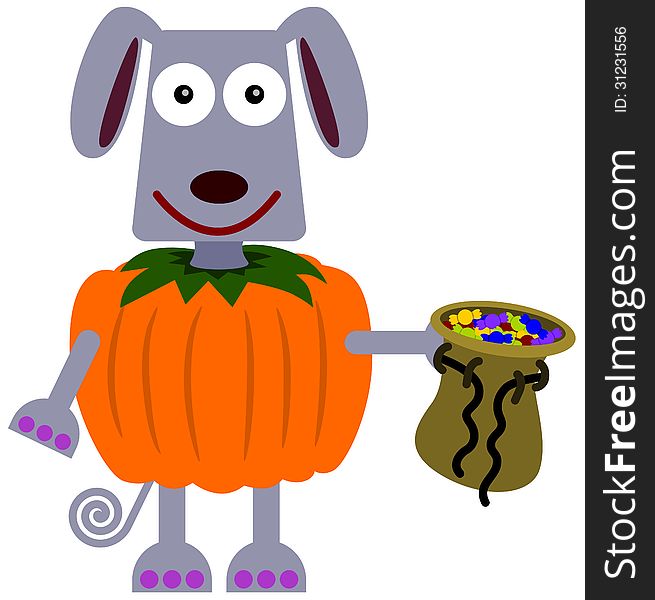 An illustration of a dog wearing a pumpkin costume and holding a bag of candies. An illustration of a dog wearing a pumpkin costume and holding a bag of candies