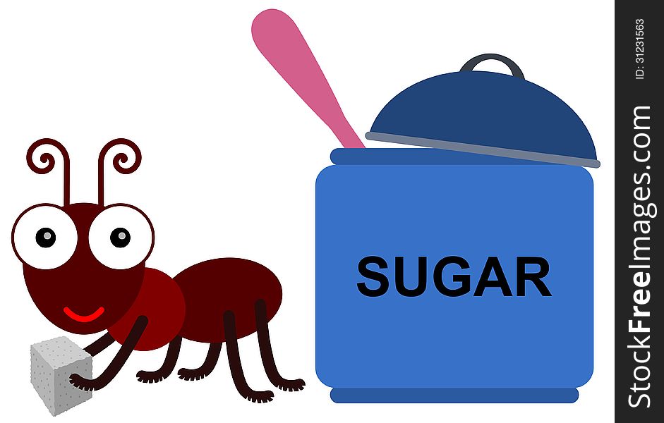 A humorous illustration of an ant getting a sugar cube from a jar. A humorous illustration of an ant getting a sugar cube from a jar