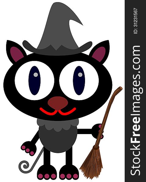 A cute illustration of a black cat dressed like a witch and holding a broom. A cute illustration of a black cat dressed like a witch and holding a broom