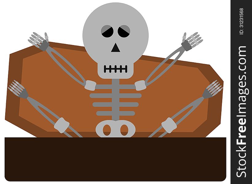 An illustration of a skeleton inside a coffin coming out from a coffin. An illustration of a skeleton inside a coffin coming out from a coffin