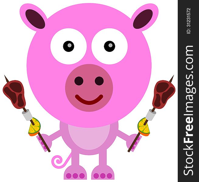 A funny illustration of a pig holding a barbecue on both hands. A funny illustration of a pig holding a barbecue on both hands