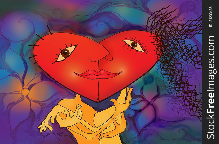 Happy couple kissing in a red heart shape.work with digital painting.