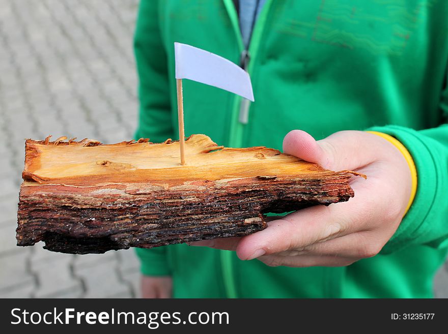 Wooden toy boat in hand