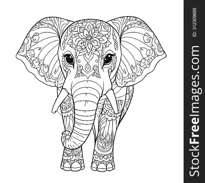 A Detailed Black And White Illustration Capturing The Grace Of An Elephant Adorned With Intricate Designs.