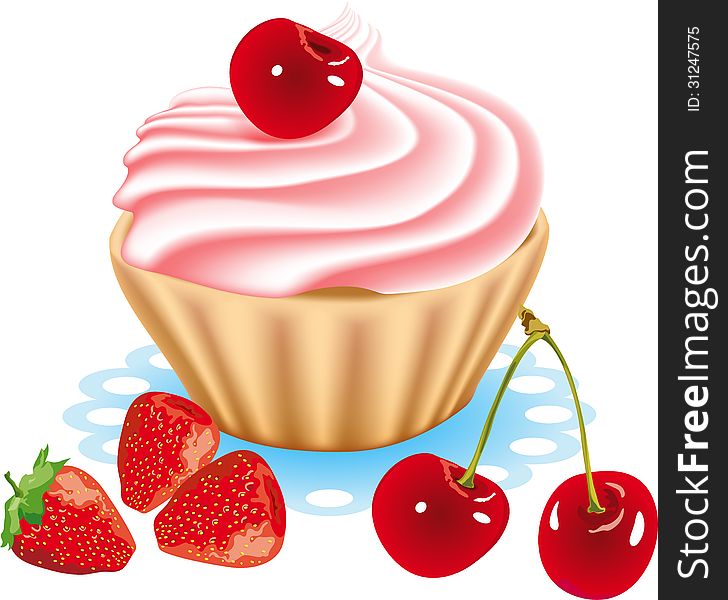 Sweet cream dessert with cherry. Vector illustration. Sweet cream dessert with cherry. Vector illustration