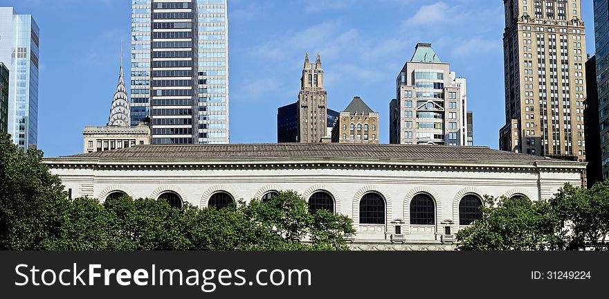 A Panoramic view of the New York City Public Library from Bryant Park. A Panoramic view of the New York City Public Library from Bryant Park.