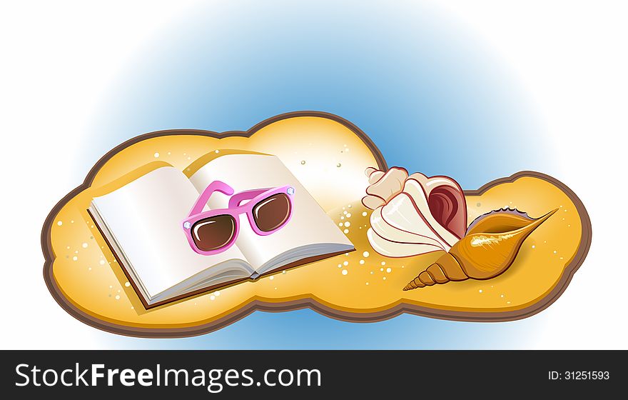 Seaside summer holiday background with sand, book shells and sunglasses. Seaside summer holiday background with sand, book shells and sunglasses