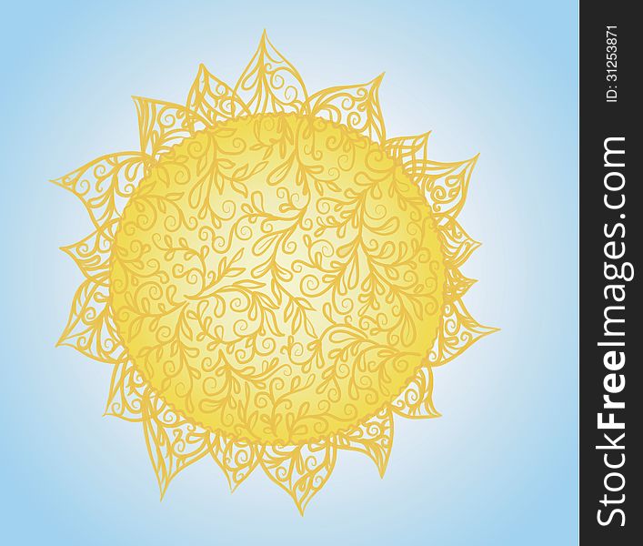 Sun drawn in the vector editor. Compozed of plant ornaments yellow. Blue background. Sun drawn in the vector editor. Compozed of plant ornaments yellow. Blue background.
