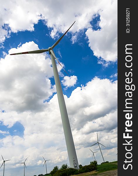 Close up of a wind turbine on a wind farm