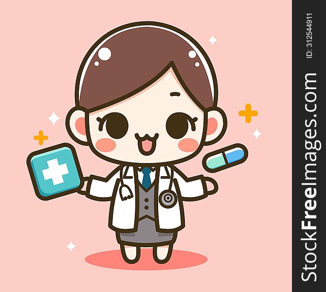 Cute Doctor Girl Holding Medicine Box Kawaii Cartoon