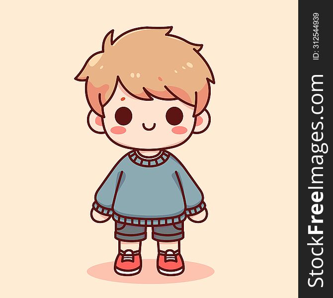 cute boy wearing blue Sweater and red shoes kawaii cartoon