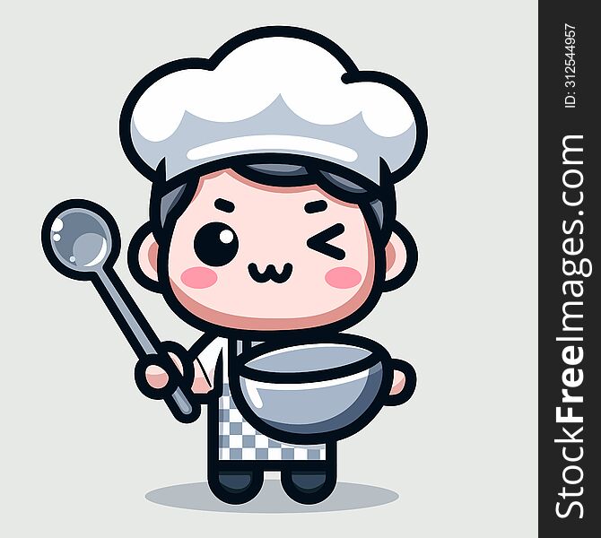 cute chef boy holding frying pan and spatula kawaii cartoon