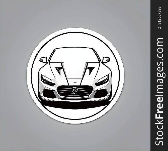 This image shows a stylized black and white illustration of a car encased within a circular border, highlighting the vehicle’s sleek design and aggressive front fascia.