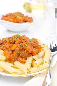 Penne Pasta With Sauce Of Beef, Tomato And Pumpkin Close-up Royalty Free Stock Image Penne Pasta With Sauce Of Beef, Tomato And Pumpkin Close-up Royalty Free Stock Image