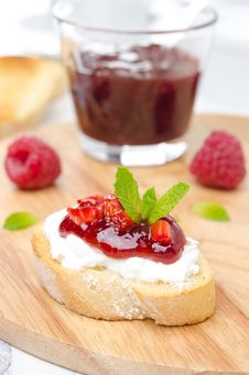 Piece Of Toasted Baguette With Cream Cheese, Raspberry Jam Royalty Free Stock Photos