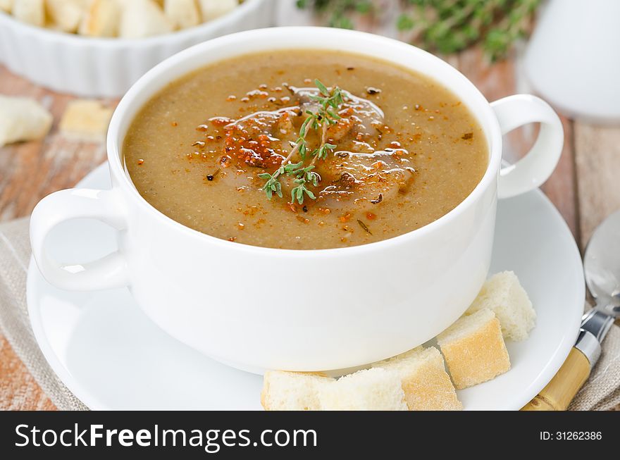 Mushroom Soup With Thyme And Croutons Horizontal Close-up