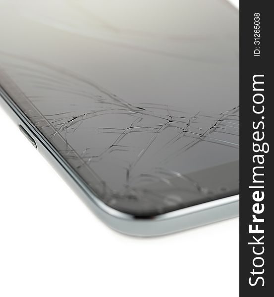 Close up of broken smart phone isolated on white background