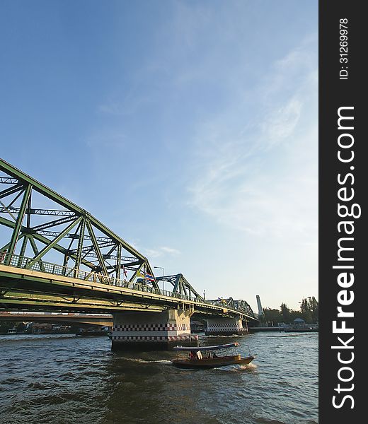 View of steel bridge across the Chao Phraya river Bangkok Thailand