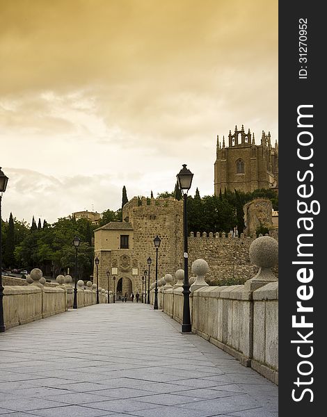 Bridge in old town of Toledo, beside the Tagus River, former capital city of Spain. Bridge in old town of Toledo, beside the Tagus River, former capital city of Spain