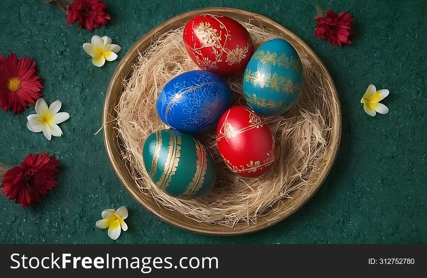 Easter eggs in a basket on a green background, symbolizing the joy and tradition of Easter festivities.